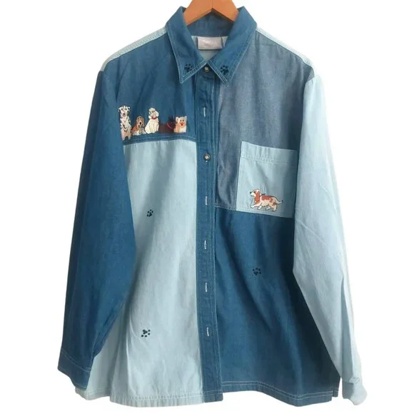 Blue Denim Statement Shirt for Dogs Lover 2XLPatchwork Cotton Button Up Collar - Picture 4 of 14